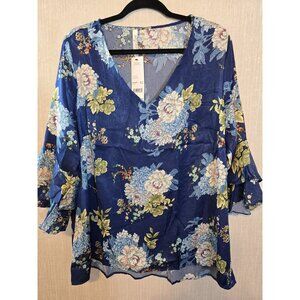 New York Collection Womens blouse floral print‎ ruffle bell sleeve size 2X New